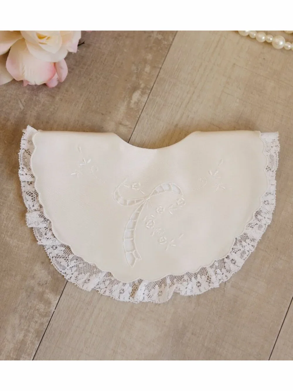 Luxury Heirloom Ivory Italian Silk Baby Bib Lace Ruffle Embroidered Keepsake
